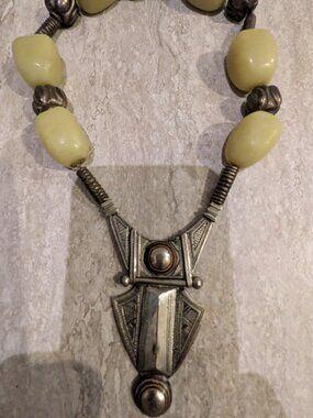 Vintage Tuareg Tcherot Necklace African Amber & Silver Amulet total weight 167g